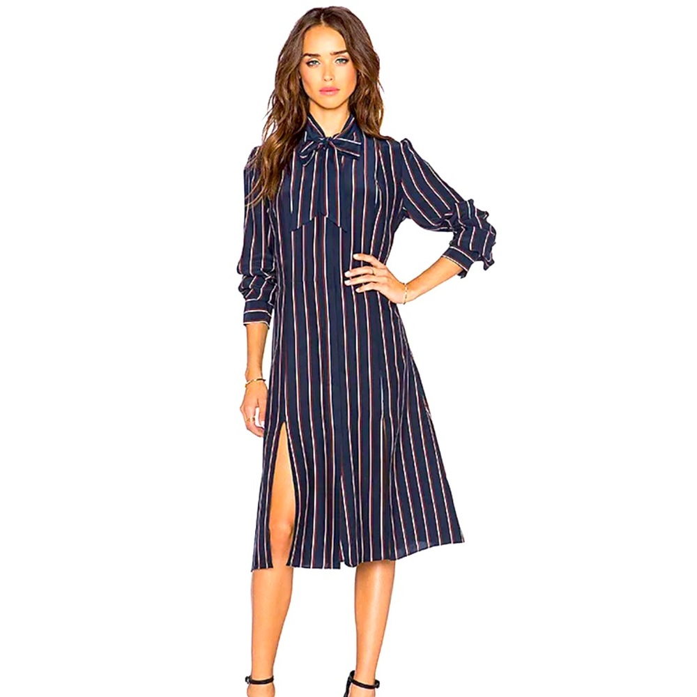 FRAME Le Shirt Tie Silk Dress Navy Vintage Stripe
